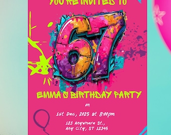 Uitnodiging voor verjaardagsfeestje Six Seven | 6 7 Meme Verjaardag | 6 7 uitnodigen, 7e verjaardag, bewerkbare canva-sjabloon, digitale download