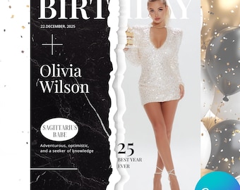 Verjaardag tijdschriftomslag canvas sjabloon uitnodiging | Bewerkbare verjaardagsherinnering| Aangepast verjaardagscadeau voor beste vriend| Gepersonaliseerde cadeau