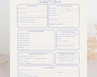 Checklist uitnodiging voor influencer-evenement en plannercanvasjabloon | Inhoudplanner | Inhoud korte planner | Socialmediaplanner