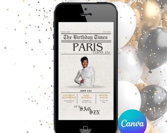 Krant verjaardagsuitnodiging | Bewerkbare canvassjabloon | Digitale vintage verjaardagsuitnodiging | 5 x 7 en mobielformaat | Verjaardagsuitnodiging