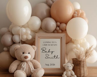 Digitale zwangerschapsaankondiging| Neutraal babyaankondigingsbord | Zwangerschapspresentatie teddybeer| Genderneutrale baby-onthulling| Digitale download