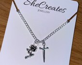 Larry Stylinson Harry Styles - Louis Tomlinson Inspired Rose and Dagger Silver Charm Necklace On A Silver Plated Chain Larrie Jewellery