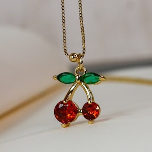 Dainty Gold Cherry Pendant Necklace, Elegant Fruit Charm Jewelry for Minimalist Style, Cherry necklace, fruit jewelry,  gold cherry necklace