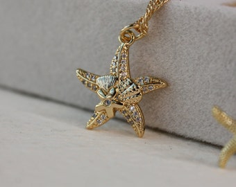 Collar de estrella de mar bañado en oro de 18 quilates, joyería de verano