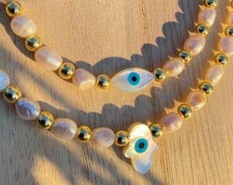 Gold Evil Eye Pearl Choker, Hamsa Hand Necklace