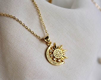 Sun Moon and Stars Necklace, Gold sun moon necklace, Solar Eclipse Necklace, 18k Gold Filled Necklaces, Celestial Necklace, Eclipse Necklace