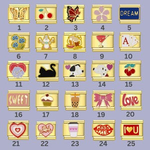 Puede incluir: Veinticinco pulseras de charms de color dorado con varios diseños, incluyendo mariposas, cerezas, una copa de martini, una carta de juego, una magdalena, un gato, un perro, un lazo y corazones. Los charms están numerados del 1 al 25.