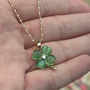 Four leaf clover necklace, jade necklace, clover jewelry, lucky charm necklace, green necklace, good luck necklace, mothers day gift