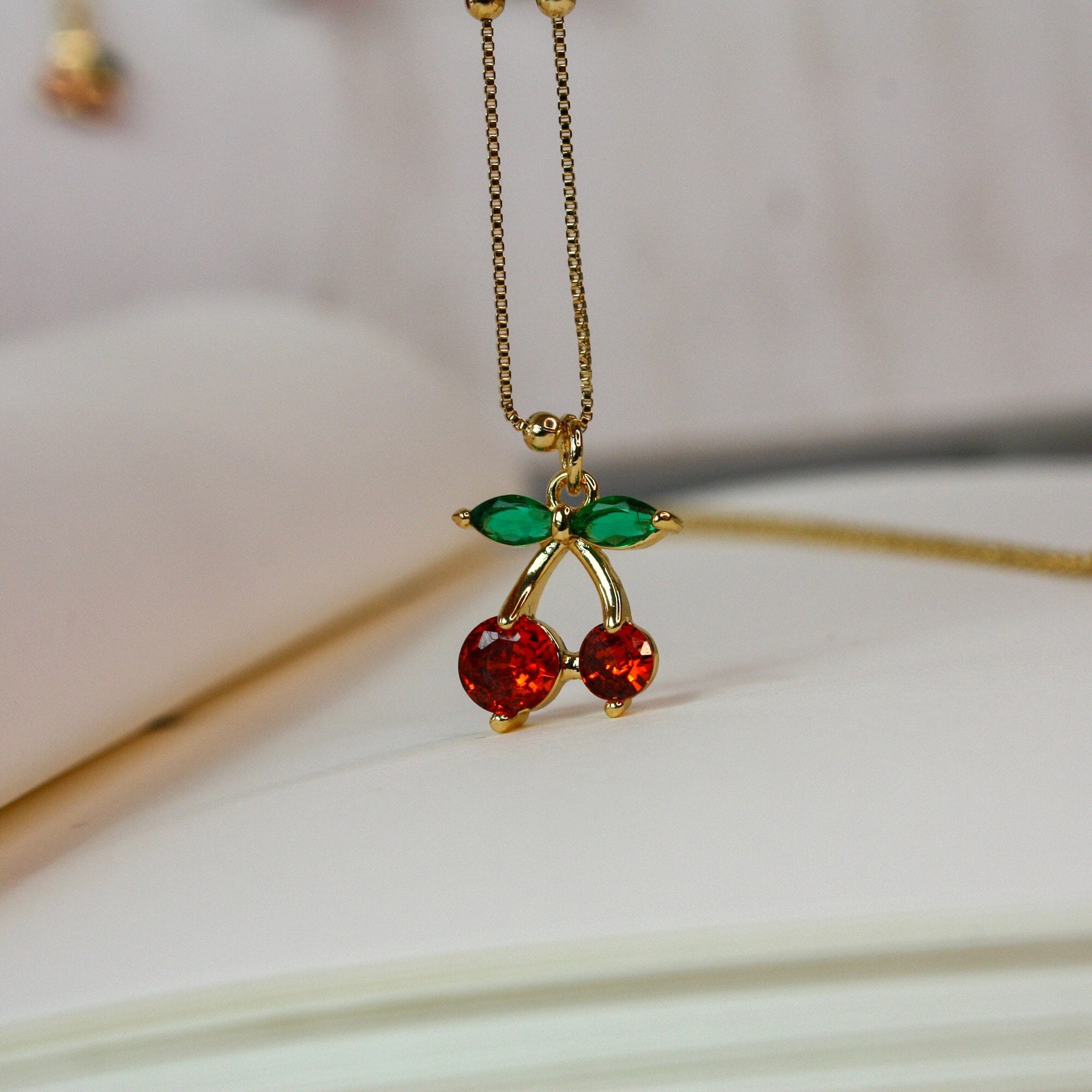 Dainty Gold Cherry Pendant Necklace, Elegant Fruit Charm Jewelry 