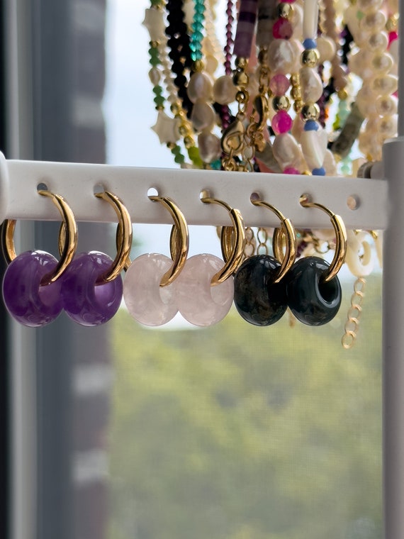 18K Gold Filled Donut Stone Hoop Earrings, Donut Gemstone Earrings