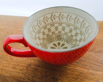 Red Artisan Ceramic Cup with Delicate Vintage Inspired Internal Design | Tea Cup | Coffee Mug | Cup with Handle | Geometric Pattern | Gift