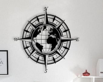 World Map  Compass- Metal Wall Art. Travel, Home, Gift, study, library, bar, stylish, housewarming