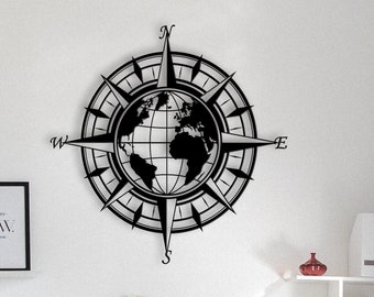 World Map Compass Metal Wall Art: Travel Decor
