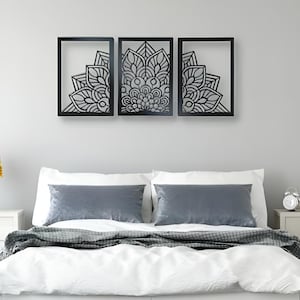 Mandala With Flower Panel Set of 3 Metal Wall Art |Beautiful Mandala Flower Wall Decor |Exotic Mandala Flower Metal Panels | Wood Wall Decor