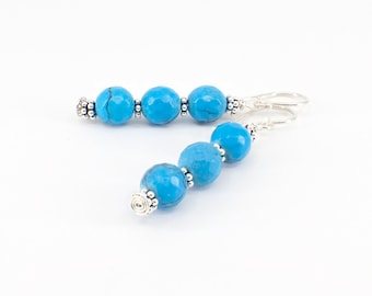 Blue Howlite Turquoise Gemstone Earrings with Sterling Silver Flower Beads and Sterling Silver Ear Hooks