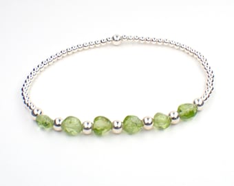 Peridot Nugget Gemstone Bracelet with Sterling Silver Beads, August Birthstone Bracelet