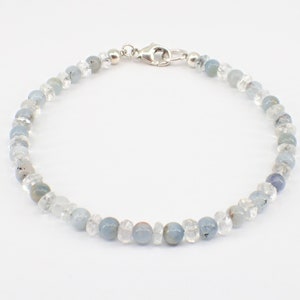 Smooth Round Blue Aquamarine Gemstones and Clear Faceted Aquamarine Gemstone Bracelet with Sterling Silver Lobster Claw Clasp