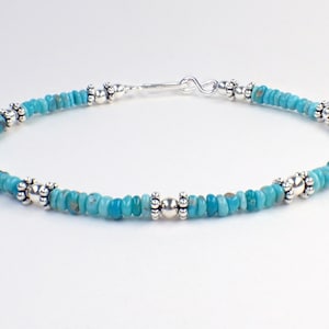 Natural Turquoise Rondelle Bracelet with Sterling Silver Beads and Sterling Silver Hook and Eye Clasp
