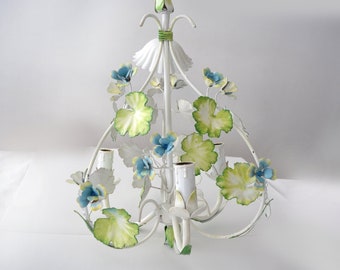 Lustre fleur vintage français, éclairage fleurs jaune bleu, lustre fleurs vertes, suspension fleur