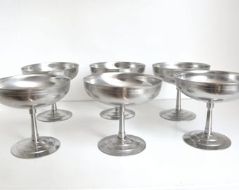Set of 6 French vintage ice cream cups, stainless steel footed dessert bowls, french bistro metal cups
