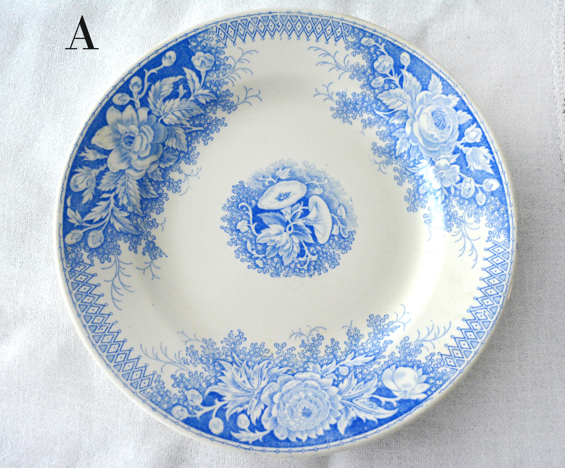 Assiette Vintage Single Français, Assiette de Transferware Bleu, Plat Floral Patten