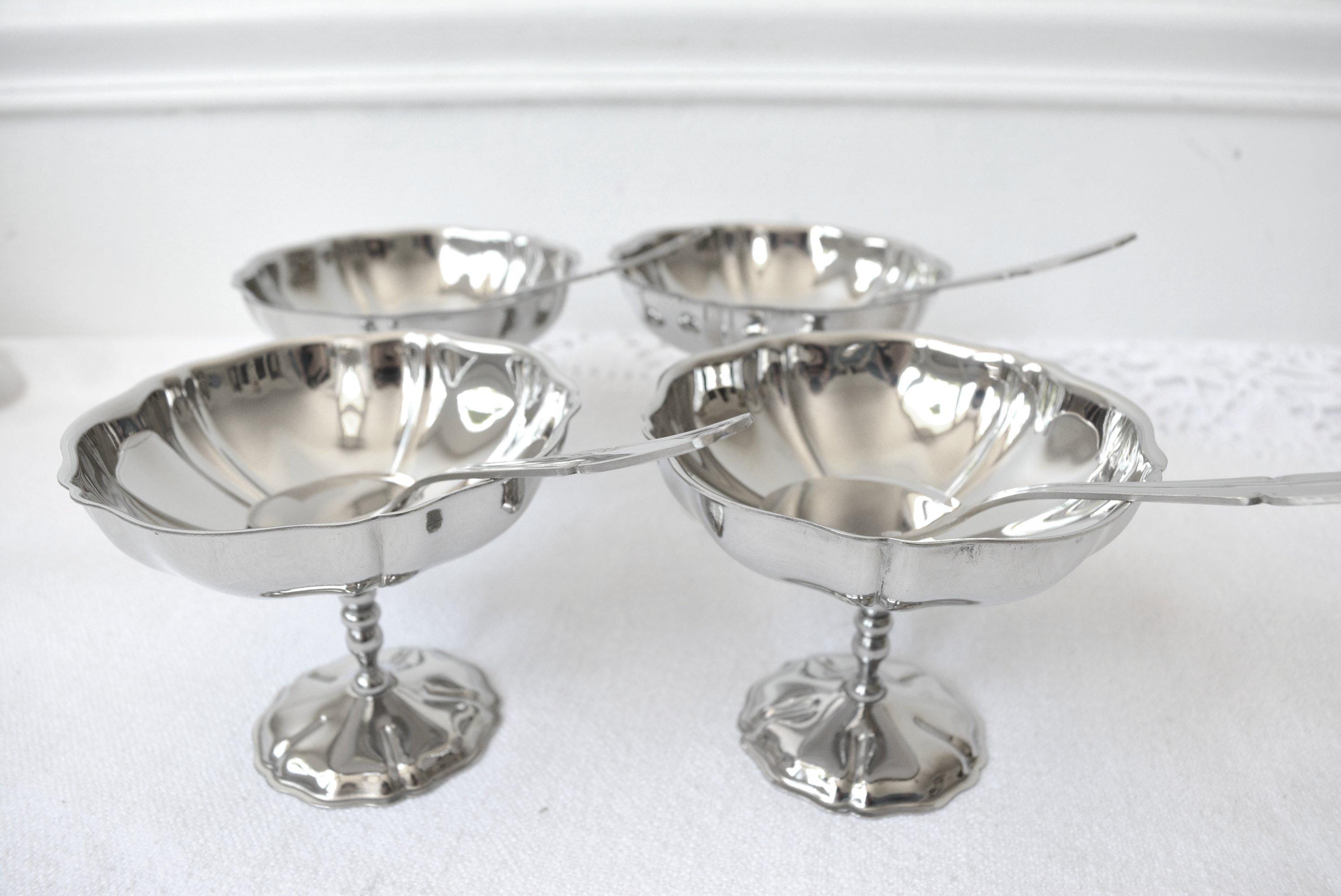 Set of 4 Large French vintage ice cream cups and 4 spoons, stainless steel footed dessert bowls, french bistro metal cups