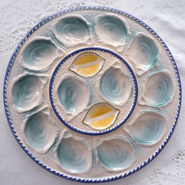 Vintage Oyster platter Saint Clément, see food ceramic tray, French vintage majolica ceramic tray, 1960'e