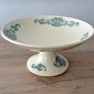Vintage french cake stand, french bleu transferware, vintage pedestal dessert plate
