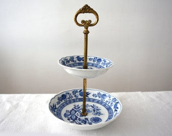 Franse vintage taartschaal, blauw bloemendecor 2 niveaus taartschaal