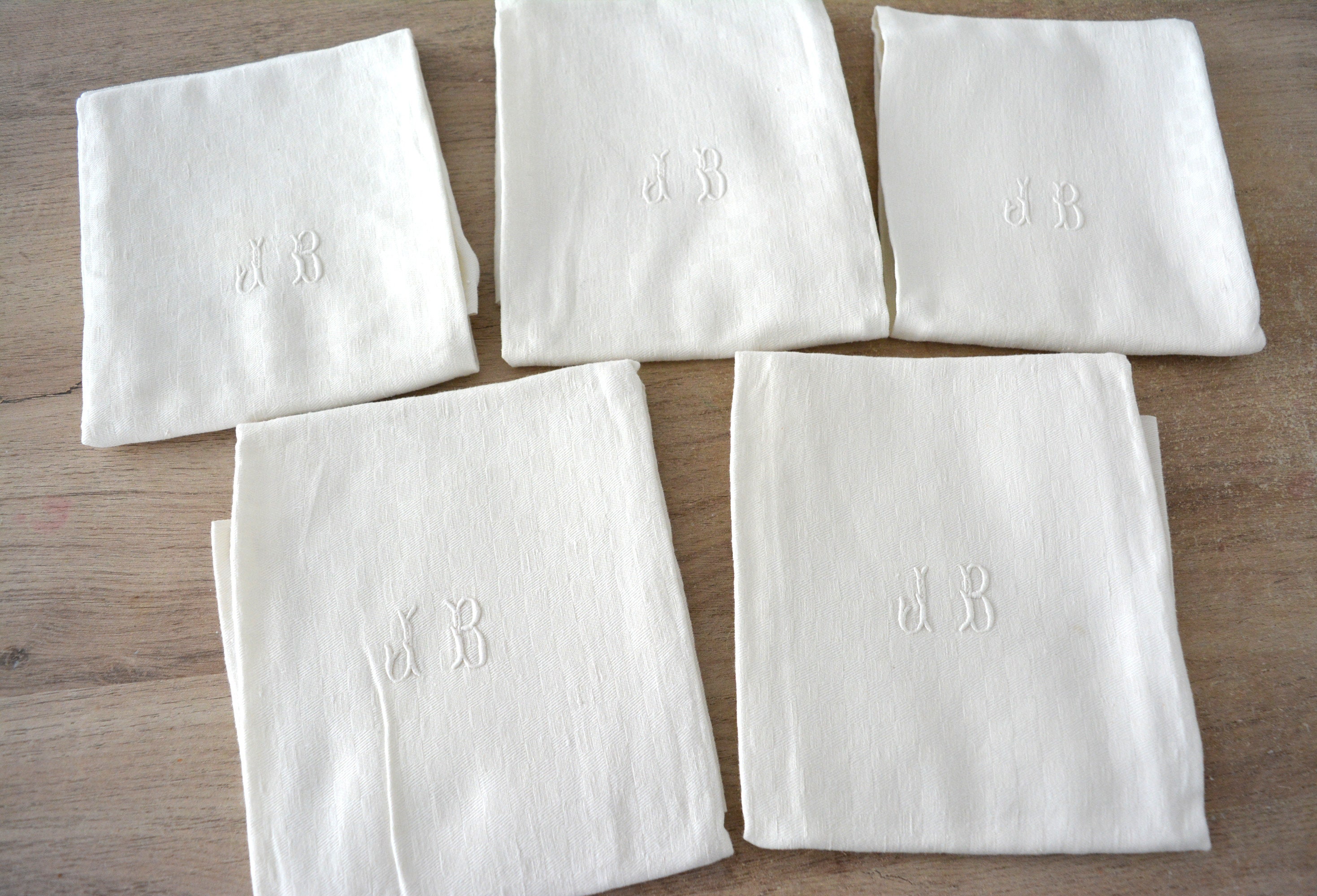 Ensemble de 5 Serviettes Jb Monogrammées Anciennes, Français Anciennes 20-30'e, Linge Ancien