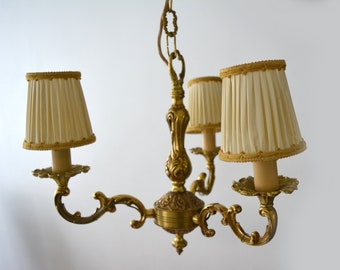 French vintage bronze chandelier, 3-arm chandelier vintage lampshades