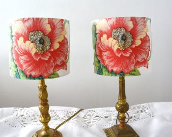 Pair of Lampshades french vintage fabric red fleurs , floral pattern,  handCRAFTED