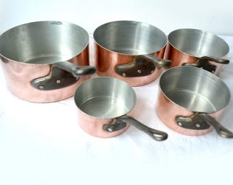 Set of 5 sauce pans copper, french vintage copper pans