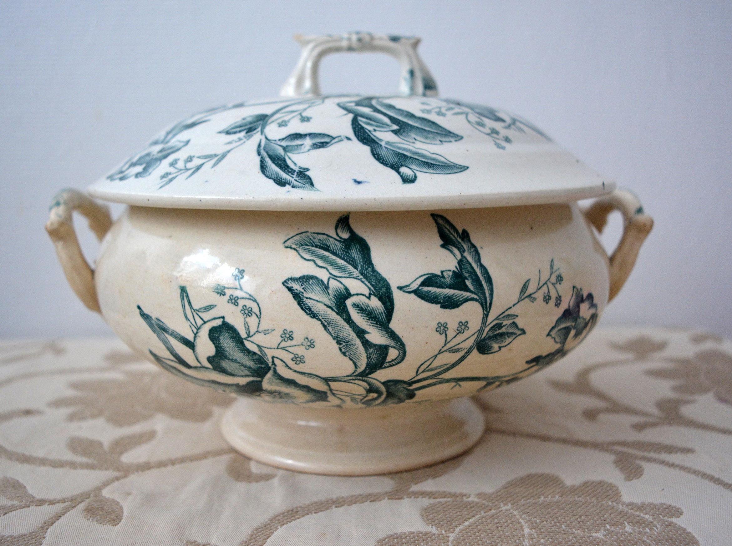 Français Soupe Tureen Vintage, Bleu Transferware, Ironestone Tureen, Xix