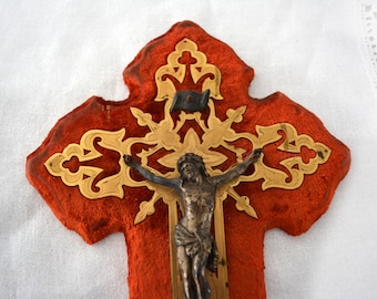 French vintage Large crucifix holy water font, religiose holy water font Jesus, antique red velvet crucifix
