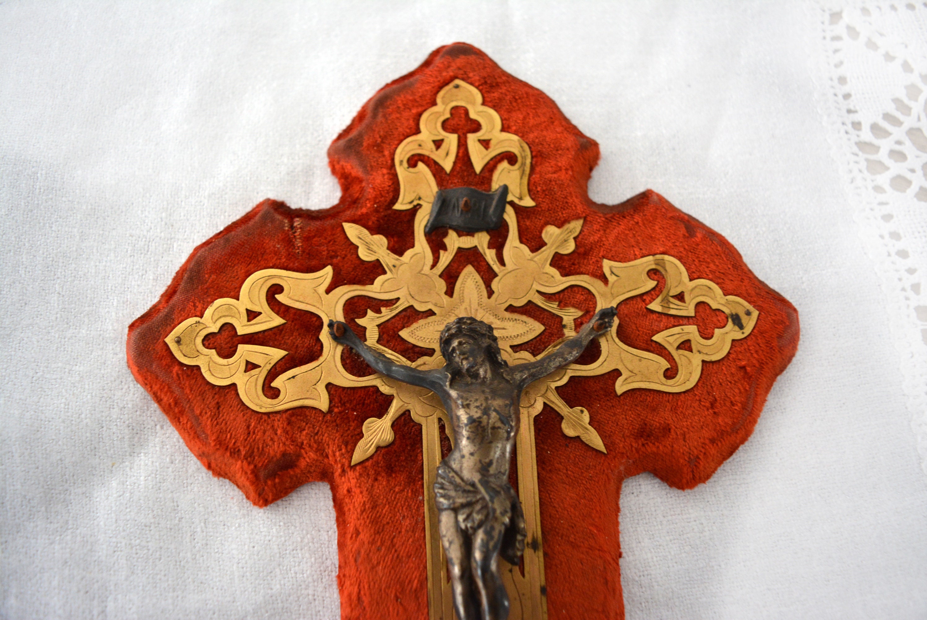 French vintage Large crucifix holy water font, religiose holy water font Jesus, antique red velvet crucifix