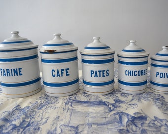 Ensemble de 5 boîtes en émail vintage, sucre, café, boîtes de chicorée, pâtés, farine, pots décoratifs en émail pour la cuisine