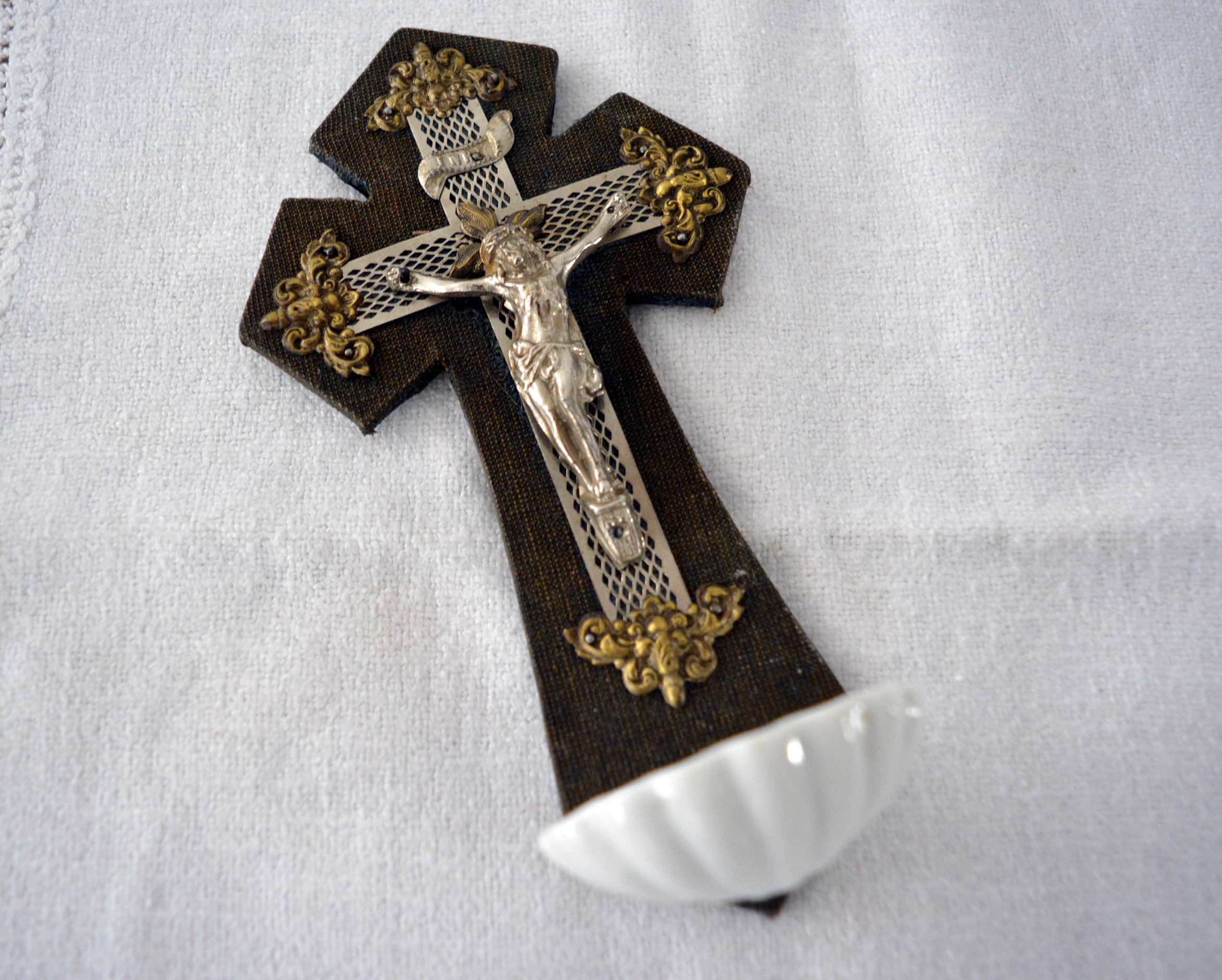 Français Crucifix Vintage, Police d'eau Bénite Religieuse Jésus