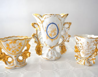 Set of 3 french antique wedding vases, french antique porcelain vases, 3 church vases XIX
