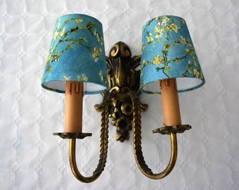 Single Large vintage Brass Sconce, French wall light, lampshades bleu fabric 1900&#39;e