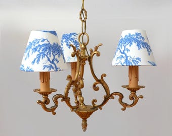 French vintage bronze chandelier cage, 3-arm chandelier vintage lampshades TOILE DE jOUY