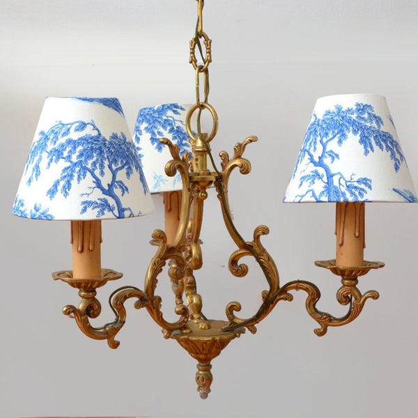 Bronze Chandelier with Toile de Jouy Lampshades