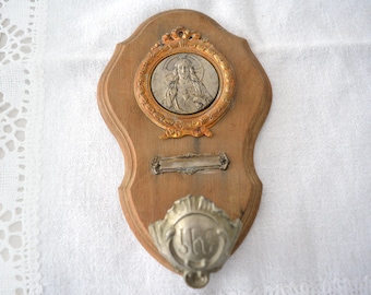 French vintage holy water font Jesus Christ medallon, vintage holy water religiose decor