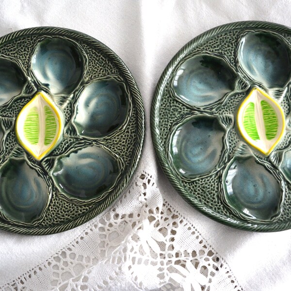 Pair of Oyster plates, 2 Saint Clément oyster plates, french seafood plates, frech majolica