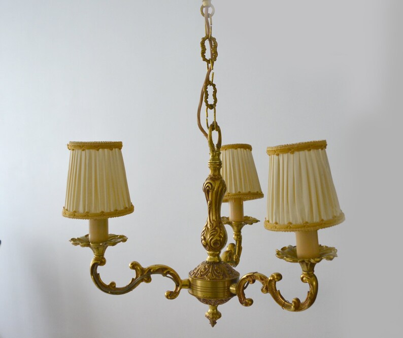 Lustre vintage français en bronze, lustre à 3 branches abat-jour vintage image 5