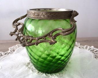 French antique candy box , green glass vase, XIX