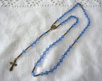 Antique french crucifix necklace, rosary bleu pearles