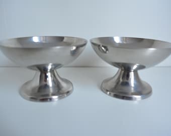 Set of 2 French vintage ice cream cups, stainless steel footed dessert bowls, french bistro metal cups