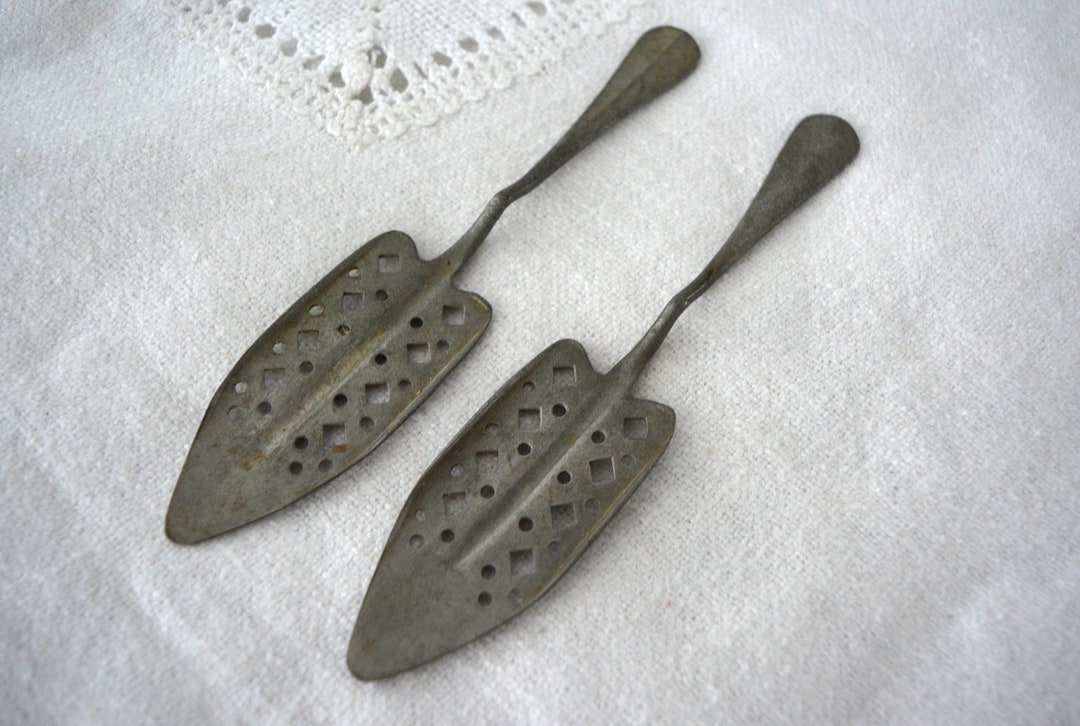 Pair Vintage Absinthe Spoons, French Tin Spoons for Absinthe, French