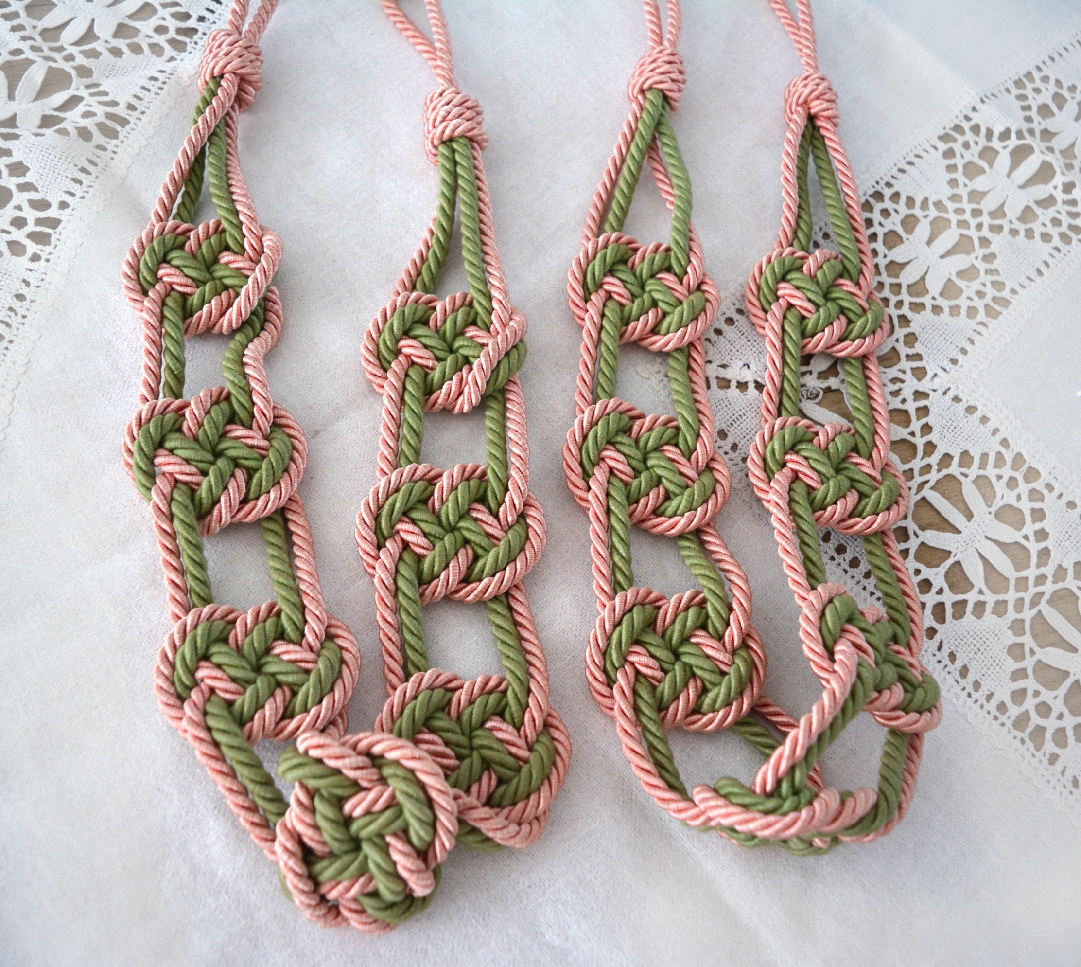 Paire de Français Cravates Rideau Vintage, Porte-Rideaux Passementerie, Rose Vert, 1960E